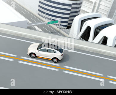 White electric SUV driving on the highway. 3D rendering image. Stock Photo