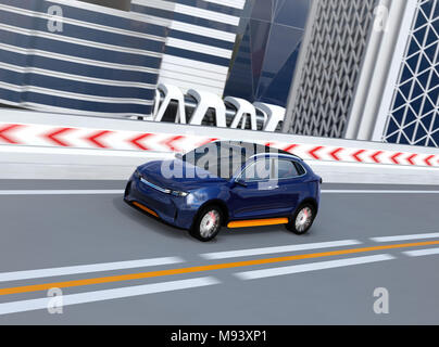 Metallic blue autonomous electric SUV driving on the highway. 3D rendering image. Stock Photo