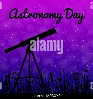 Astronomy Day. Night sky with stars. Blue and purple. Silhouettes of grass. Silhouette of a telescope that stands on the ground. Text name of the holi Stock Vector