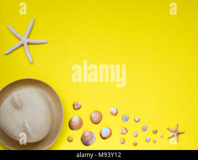 Summer hat and a selection of seashells and starfish, located on a yellow background. View from above. Summer concept. Space for copy space. Stock Photo