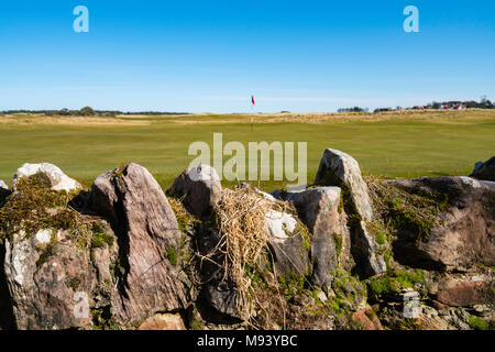 Stone wall on boundary of Muirfield Golf Course in Gullane, East Lothian, Scotland, United Kingdom Stock Photo