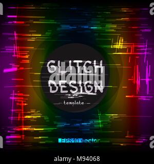 Rainbow distortion multicolor glitch design light circle template background. Colorful glitched striped random lines technology set collection Stock Vector