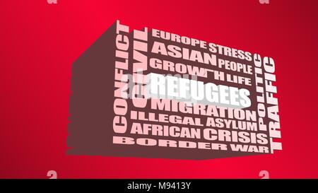 Image relative to migration from africa to european union. White refugees word build in words cloud. Red backdrop Stock Photo