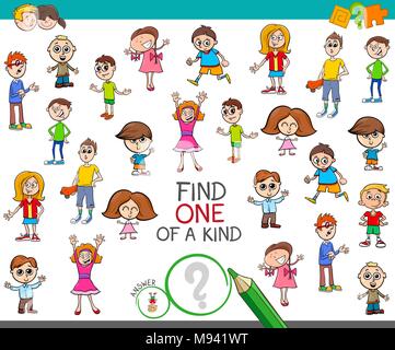 Cartoon Illustration of Find One of a Kind Picture Educational Activity Game for Kids with Children Characters Stock Vector