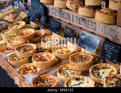 Quiches made by Snowdrop Cottage, on sale at farmers market at Whiteladies Road, Bristol, UK Stock Photo