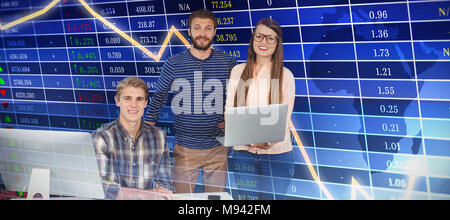 Composite image of portrait of business people discussing over laptop against white background Stock Photo