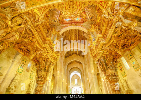 Braga, Portugal - August 12, 2017: beautilful organ and ceiling of main nave in carved wood of Braga Cathedral in Baroque style. Se de Braga is the oldest cathedral in Portugal, Europe. Stock Photo