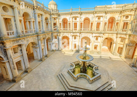 Portugal, Tomar. Aerial view of claustro de D. Joao III, courtyard with fountain of Convent of Christ in Templar Castle. Unesco Heritage and popular destination in Europe. Stock Photo