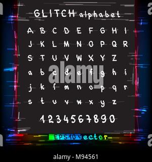 Glitch design alphabet template. Colorful distortion multicolor glitched design text font. Striped random lines technology symbol set collection Stock Vector