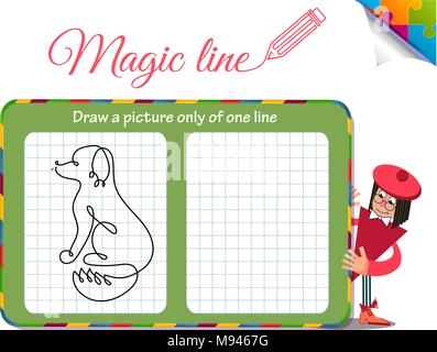 Visual Game for children. Coloring book education. Task: Draw a picture only of one line dog Stock Vector