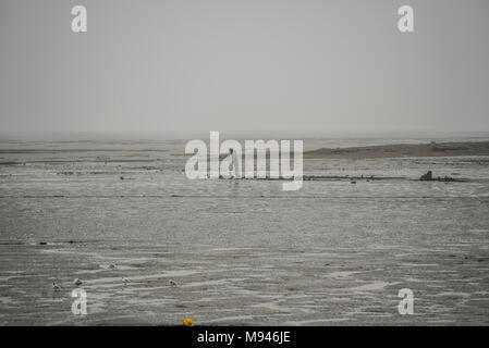 The hull of a decaying boat wreck in the Afon Goch Estuary near Stock ...