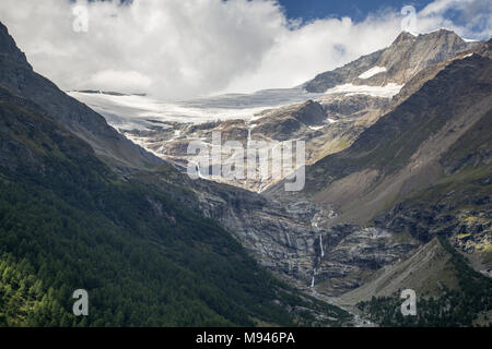 Bernina Railway links St. Moritz, Switzerland, with the town of Tirano, Italy, via the Bernina Pass Stock Photo