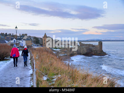 Winter snowy view of St Andrews castle in Fife, Scotland Stock Photo
