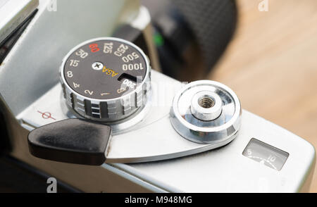 Close up macro view vintage manual focus and wind SLR camera Stock Photo
