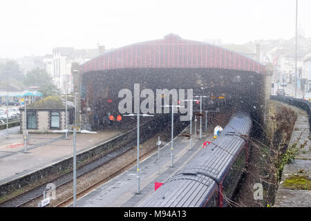 Penzance Railway Station in the Snow, Cornwall UK, March 2018 Stock Photo