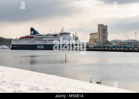 OSLO, Norway - March 16, 2018 : Crown Seaways passenger ferry boat at the Oslo port, ready to sail from Oslo, Norway to Copenhagen, Denmark. Stock Photo