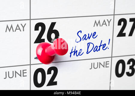 Wall calendar with a red pin - May 26 Stock Photo