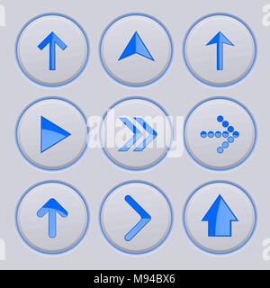 Blue arrow on gray buttons. 3d icons set Stock Vector