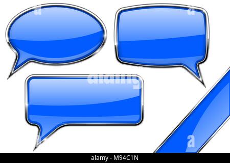 Speech bubbles. Set of blue communication 3d icons with chrome frame Stock Vector