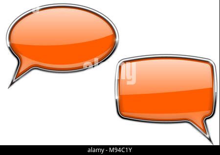 Orange speech bubbles. Round and square 3d icons with chrome frame Stock Vector