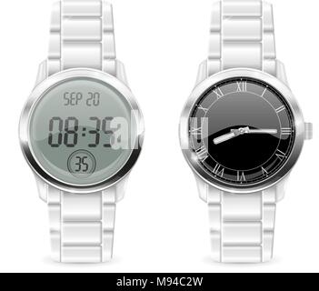 Men watches. Analog and digital, with chrome metallic band Stock Vector