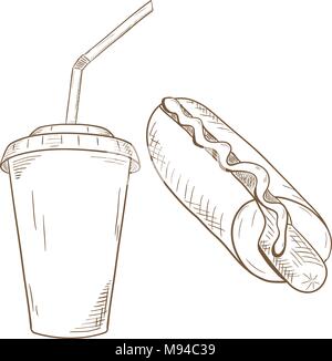 Hot dog and drink in disposable paper cup.Hand drawn sketch Stock Vector
