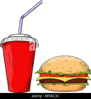 Fast food set. Cheeseburger and drink in paper cup. Sketch Stock Vector