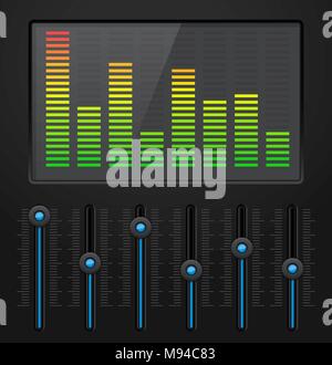 Black digital equalizer with blue slider buttons Stock Vector