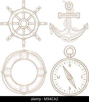 Nautical symbols - steering wheel, anchor, lifebuoy, compass. Hand drawn colored sketch Stock Vector