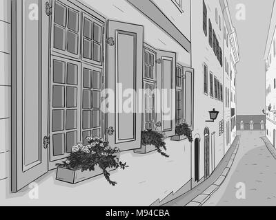 Beautiful narrow city street with flowers window boxes. Hand drawn sketch. Grayscale illustration Stock Vector