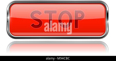 Red square STOP glass button with chrome frame Stock Vector