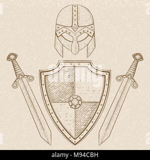 Viking warrior set - shield, swords and helmet. Hand drawn sketch Stock Vector