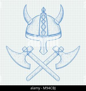 Viking axes and horned helmet. Hand drawn sketch Stock Vector