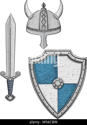 Viking armor set - helmet, shield and sword. Colored hand drawn sketch Stock Vector