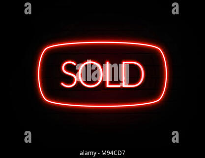 Sold red neon sign - Glowing Neon Sign on brickwall wall - 3D rendered royalty free stock illustration . Stock Photo