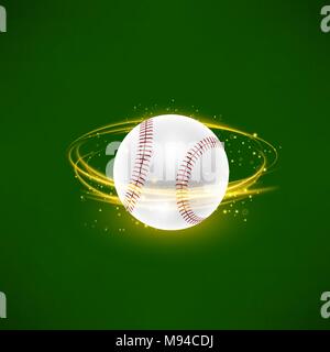 Flying Baseball Ball with Yellow Sparkles on Green Background Stock Vector