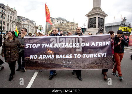 Protest march by UK Kurds against the invasion of Afrin by the Turkish state. Kurdish immigrants take to the streets of Europe to protest against the Turkish military operation in the Syrian city of Afrin. The operation, dubbed Olive Branch, started on January 20 following the US announcement of its decision to train a 30,000-strong border security force on Syria’s northern borders that would include the US-backed Syrian Democratic Forces (SDF) affiliated with the YPG, which Ankara regards as a terrorist group.  Featuring: atmosphere Where: London, United Kingdom When: 18 Feb 2018 Credit: Whea Stock Photo