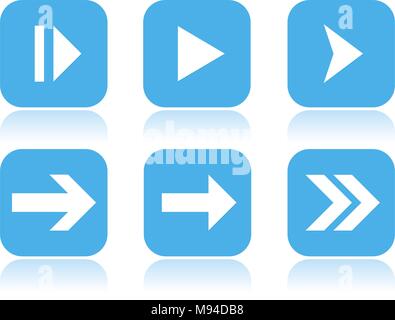Arrow icons. Square blue icons with reflection Stock Vector