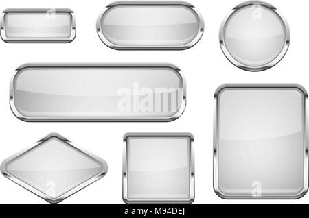 White glass buttons with chrome frame. Set of shiny 3d web icons Stock Vector