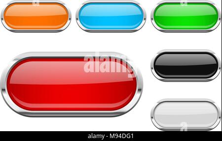 Glass buttons with chrome frame. Colored set of shiny oval 3d web icons Stock Vector