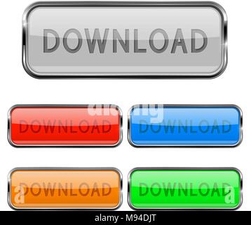 Download buttons. Glass 3d icons with chrome frame Stock Vector
