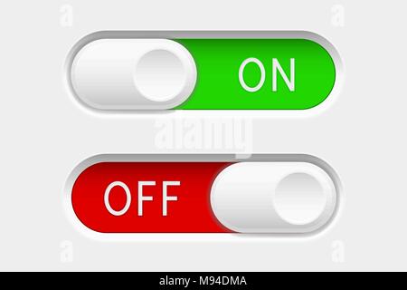 On and Off slider buttons. Red and green switch interface buttons Stock Vector
