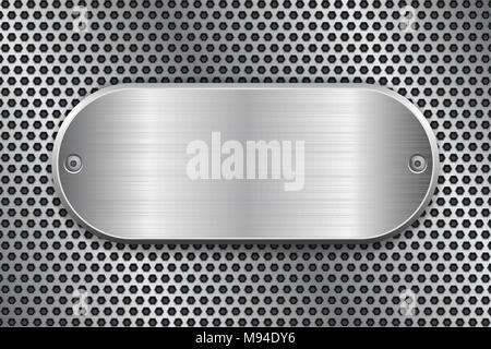 Oval brushed metal plate on perforated texture Stock Vector