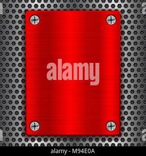 Red metal brushed plate with screws on perforated texture Stock Vector