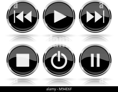 Media buttons. Black round glass buttons with chrome frame Stock Vector