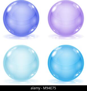 Glass balls. Set of blue 3d shiny sheres isolated on white background Stock Vector