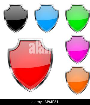 Metal 3d shields. Set of colored safety symbols Stock Vector