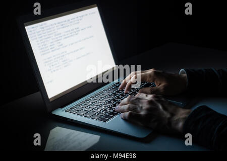 Working at laptop pc at night. Close up image of male hands typing text or programming code in computer in natural ambient light at late evening Stock Photo