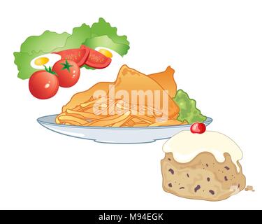a vector illustration in eps 10 format of a fast food meal including salad fish and chips and an iced bun for dessert on a white background Stock Vector