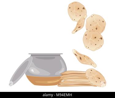 a vector illustration in eps 10 format of a stack of chapattis with metal cooking pot and lid on a white background Stock Vector